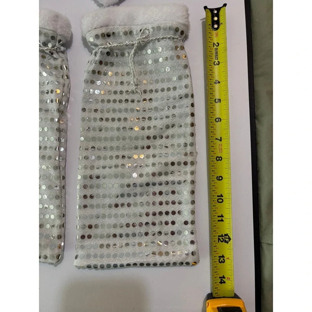 Sequin Holiday Wine Bottle Gift Bags with Mini Santa Hats Red Silver 4 Pack Set